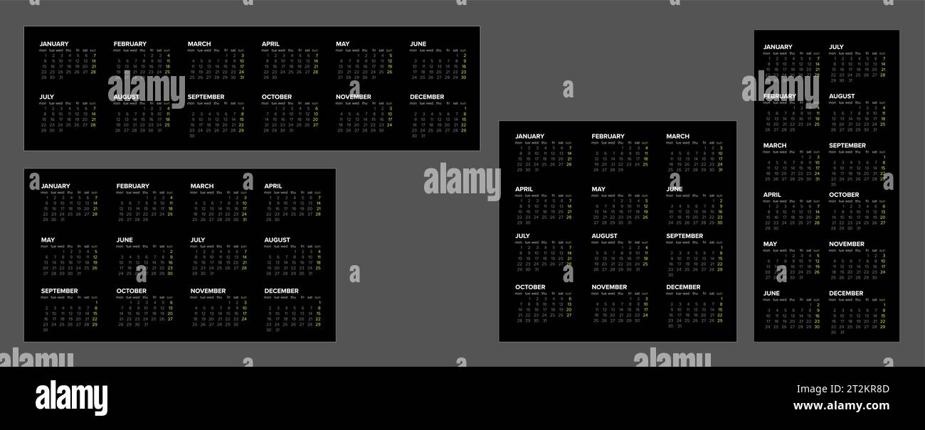 Collection of vector black calendar layout templates for the year 2025