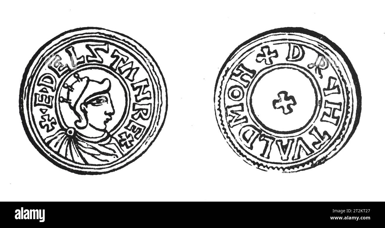 Drawing of a Silver Penny from the reign of King Æthelstan or Athelstan. Black and White Illustration from the 'Old England' published by James Sangster in 1860. Stock Photo
