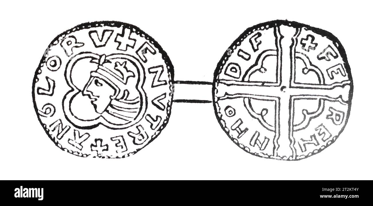 Drawing of a Silver Penny from the reign of King Canute or Cnut of England. 11th century. Black and White Illustration from the 'Old England' published by James Sangster in 1860. Stock Photo