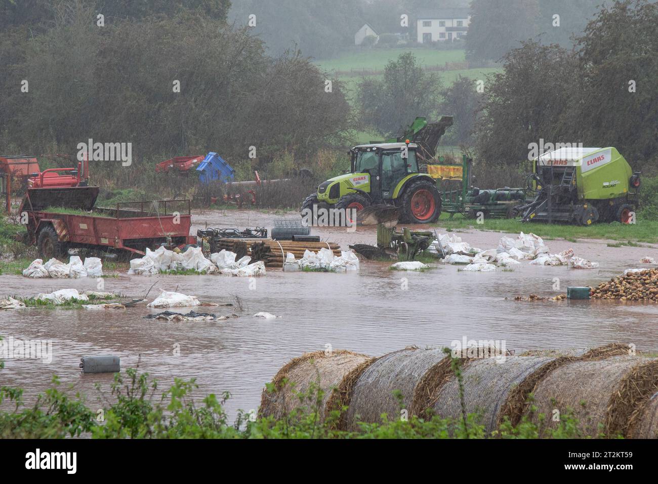 Kidderminster, UK. 20th October, 2023. UK weather: Storm Babet causing severe flooding across the Midlands. Farm equipment and produce left under two feet of water. Credit: Lee Hudson/Alamy Live News Stock Photo