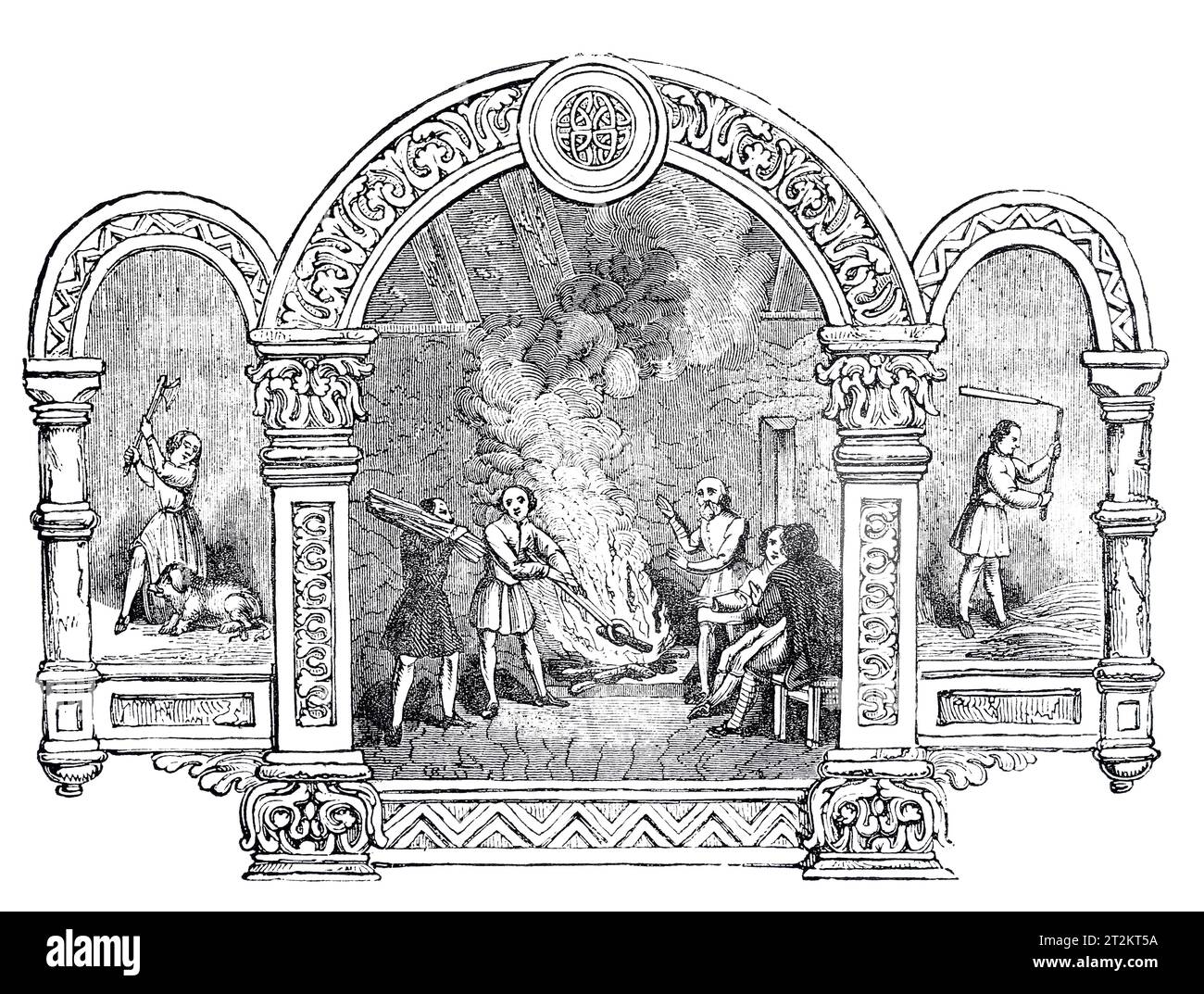 Saxon Emblems of the Month of November; Black and White Illustration from the 'Old England' published by James Sangster in 1860. Stock Photo