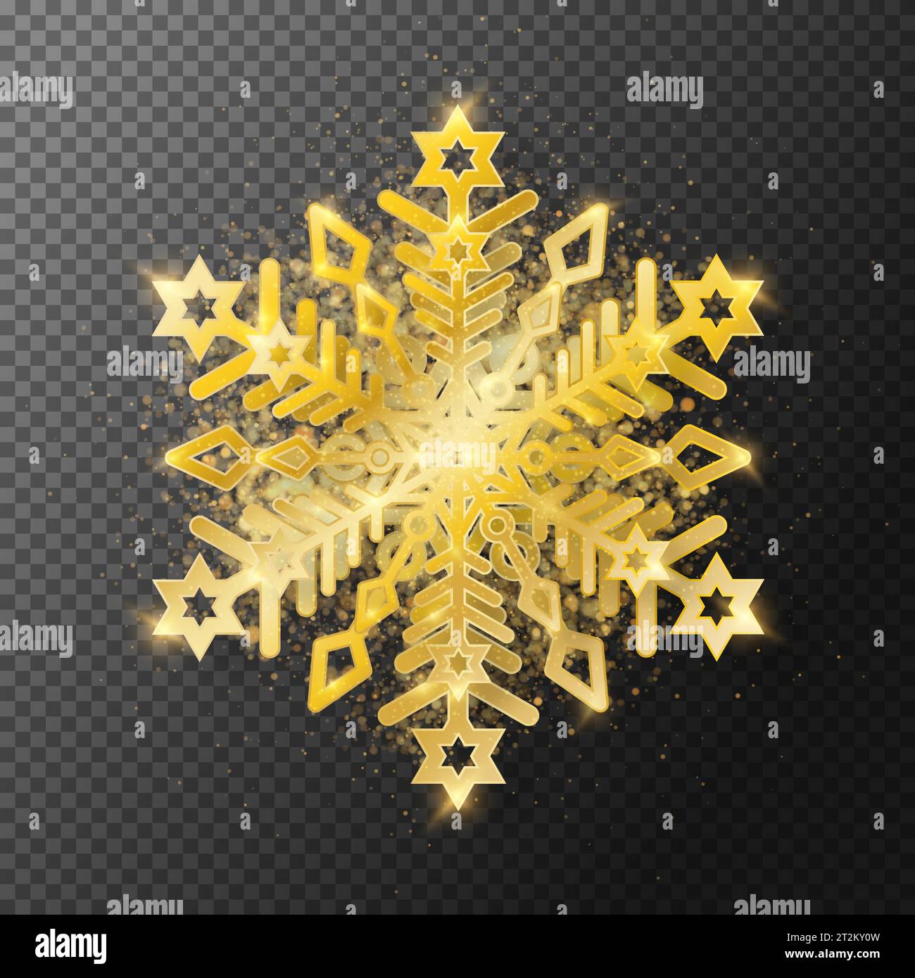 Snowflake with a golden shiny texture on a dark transparent background ...