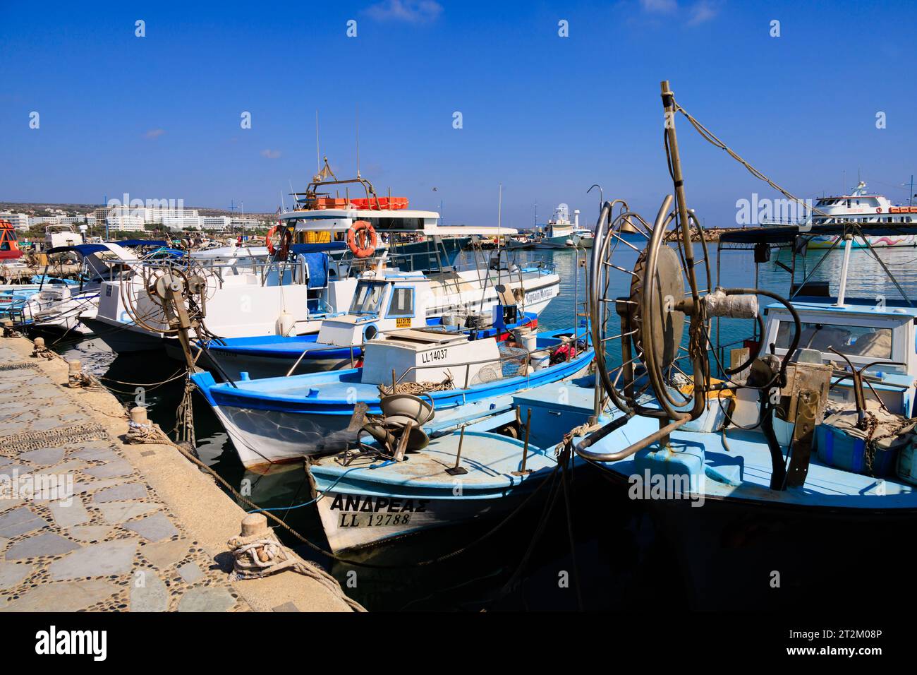 Traditional Cypriot fishing boats moored in Ayia Napa Harbour. Cyprus Stock Photo