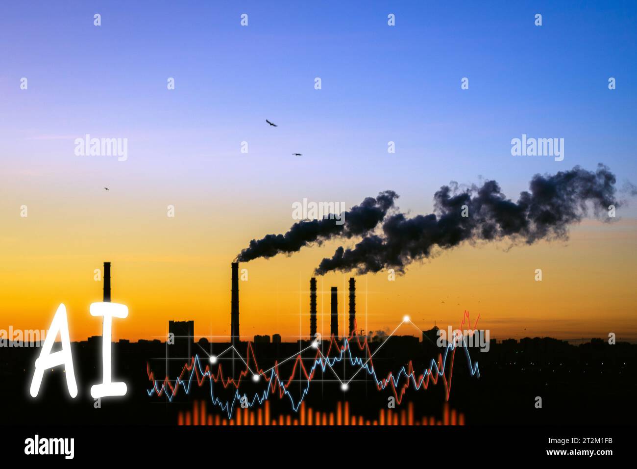 Silhouette of smoking factory pipes against the sunset landscape. pipes emit thick smoke. Concept of artificial intelligence Stock Photo