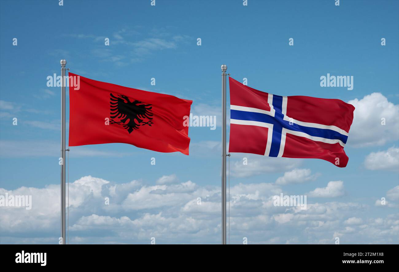 Norway and Albania flags waving together on blue cloudy sky, two ...