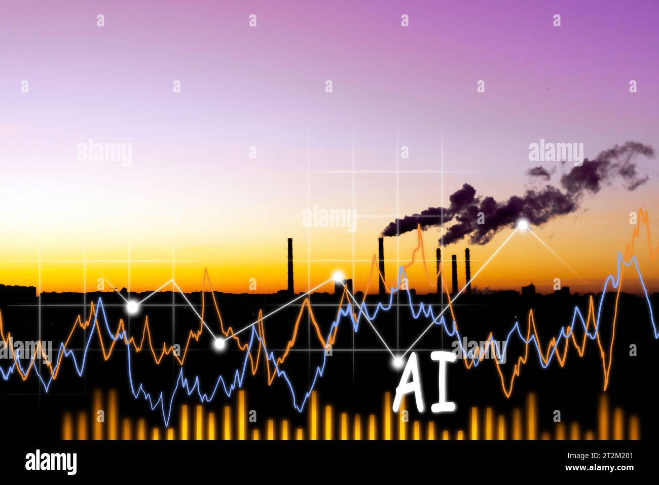 concept of environmental pollution smoke from factories at sunset. Future Artificial Intelligence concept Stock Photo