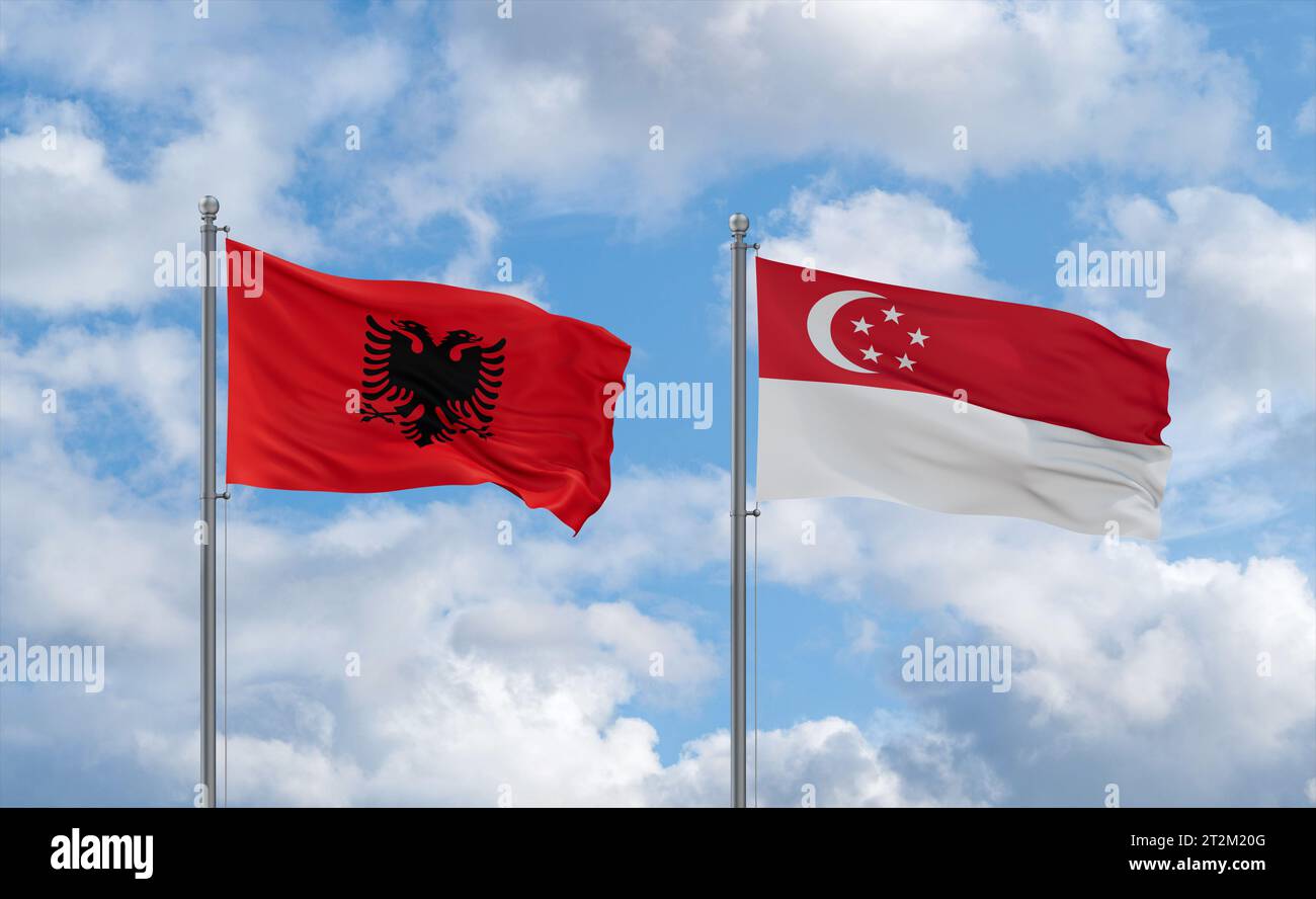 Republic of Singapore and Albania flags waving together in the wind on ...