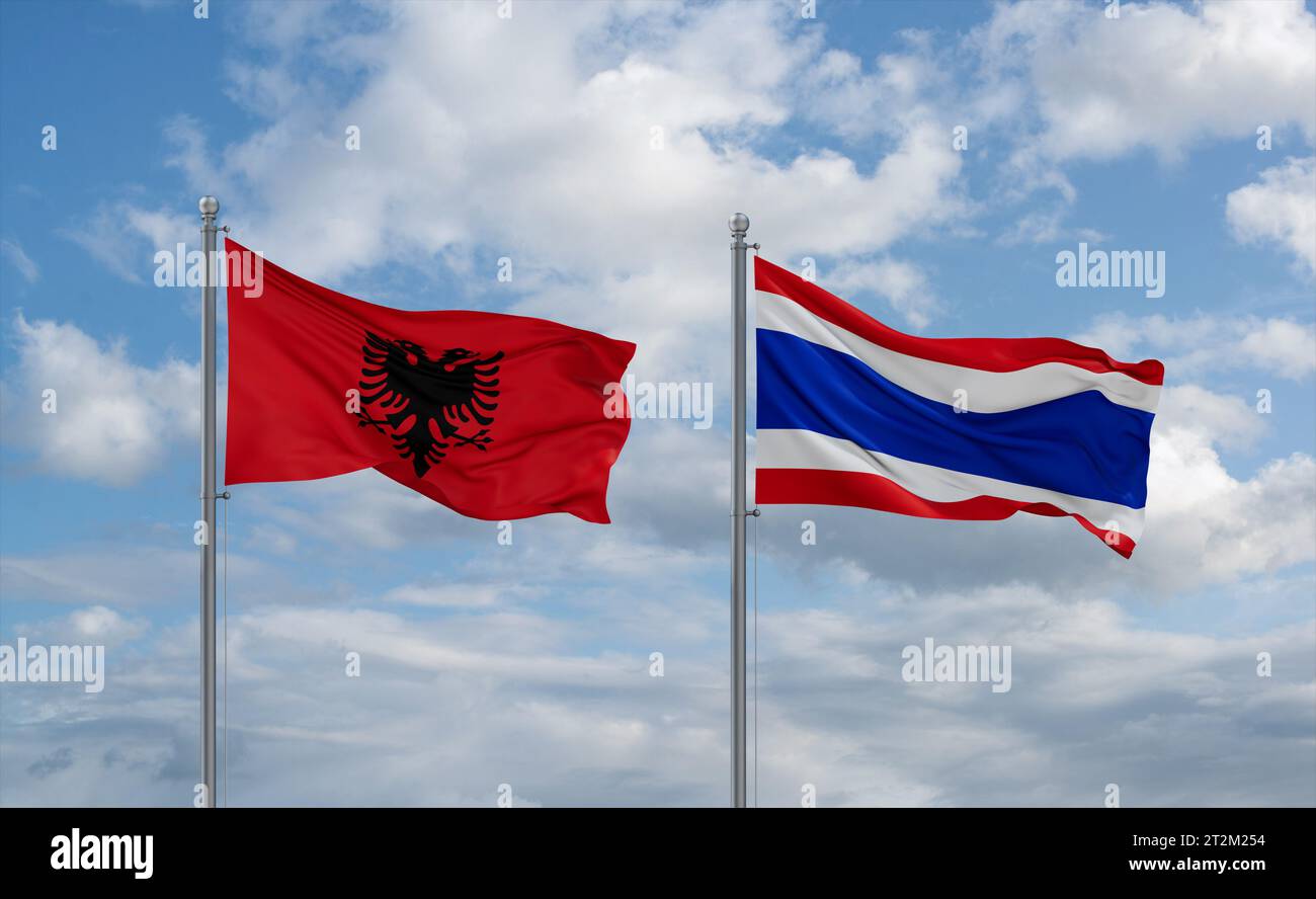 Kingdom of Thailand and Albania flags waving together in the wind on ...