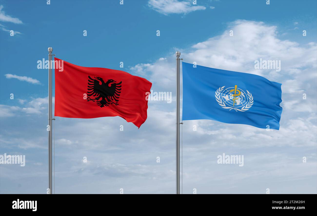 World Health Organization and Albania flags waving together in the wind ...