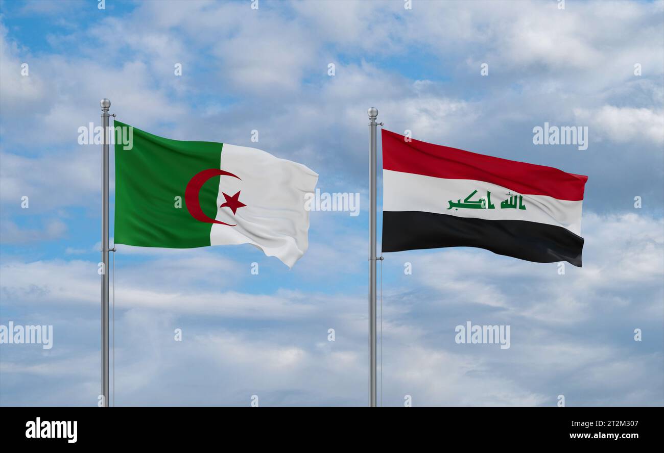 Iraq and Algeria flags waving together on blue cloudy sky Stock Photo