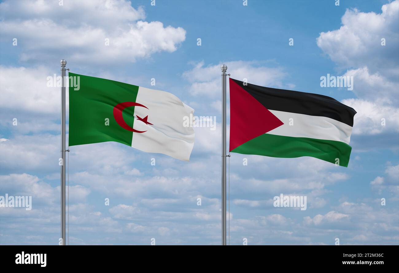 Palestine and Gaza Strip and Algeria flags waving together on blue