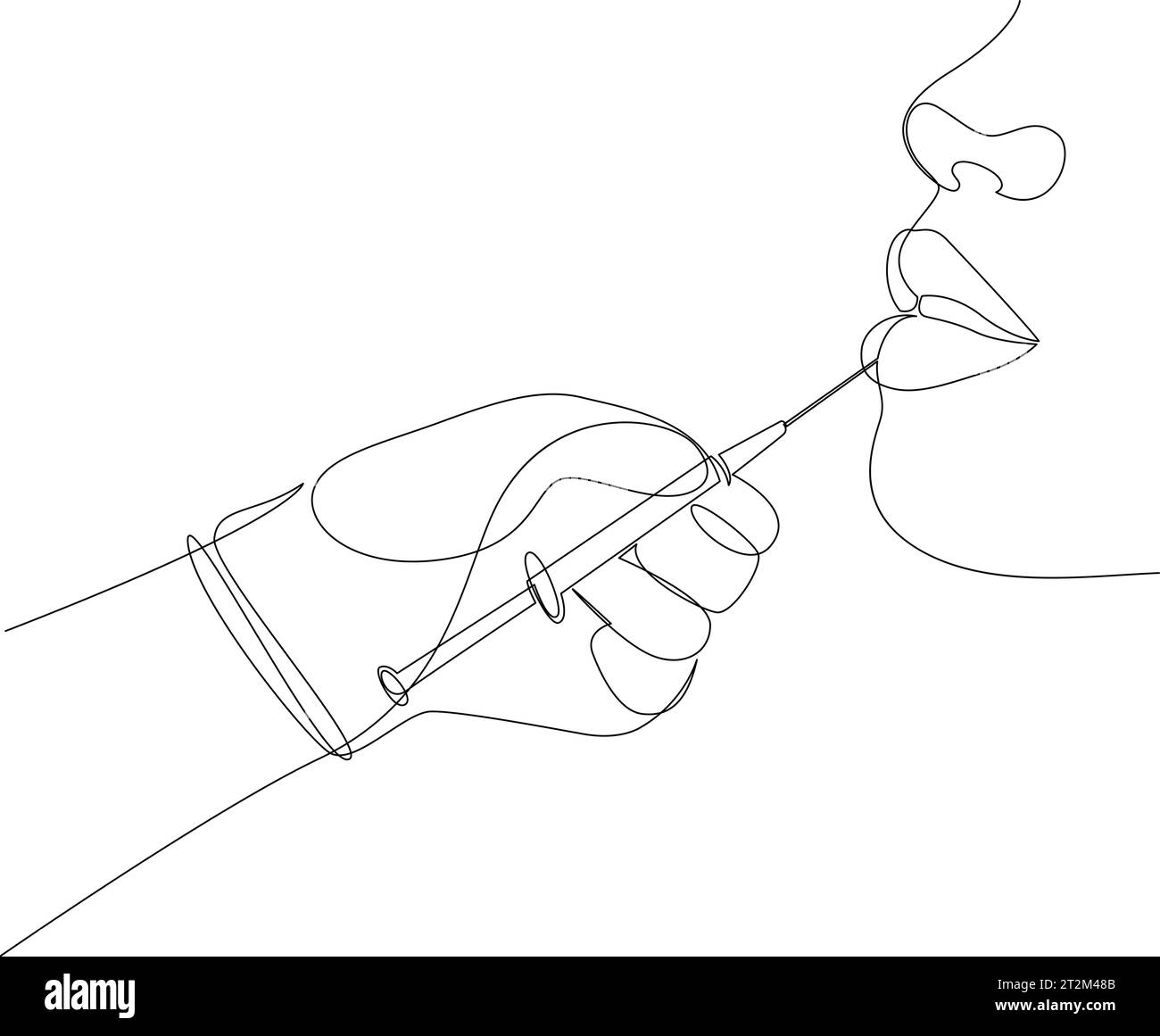 Continuous line drawing of beauty shot in lips. Gloved hand holding syringe for lip botox injection contour illustration. Beauty procedure concept Stock Vector
