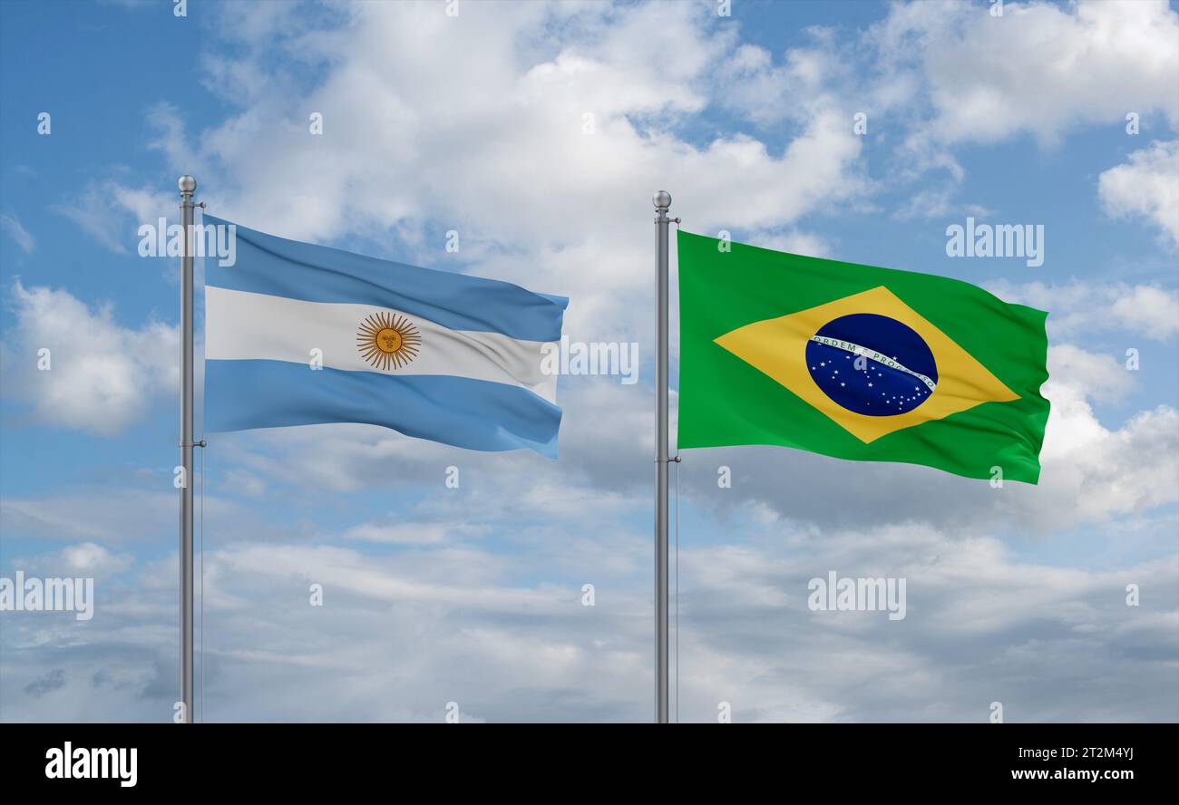 Brazil and Argentina flags waving together on blue cloudy sky, two ...
