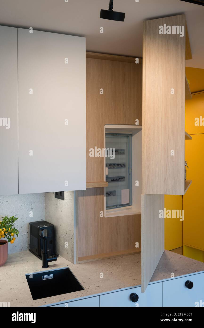 Custom kitchen with hidden circuit breaker box in small urban