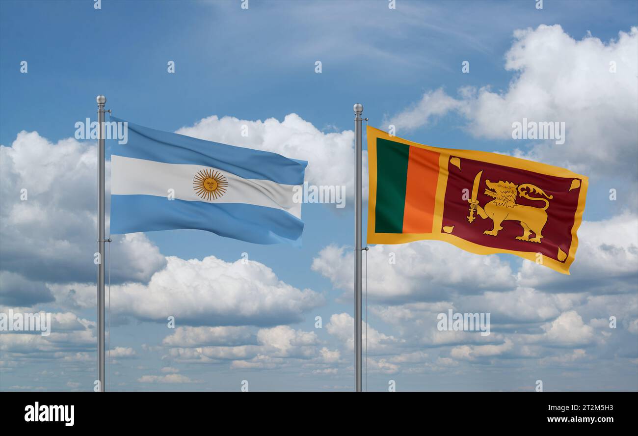 Sri Lanka and Argentina flags waving together in the wind on blue ...