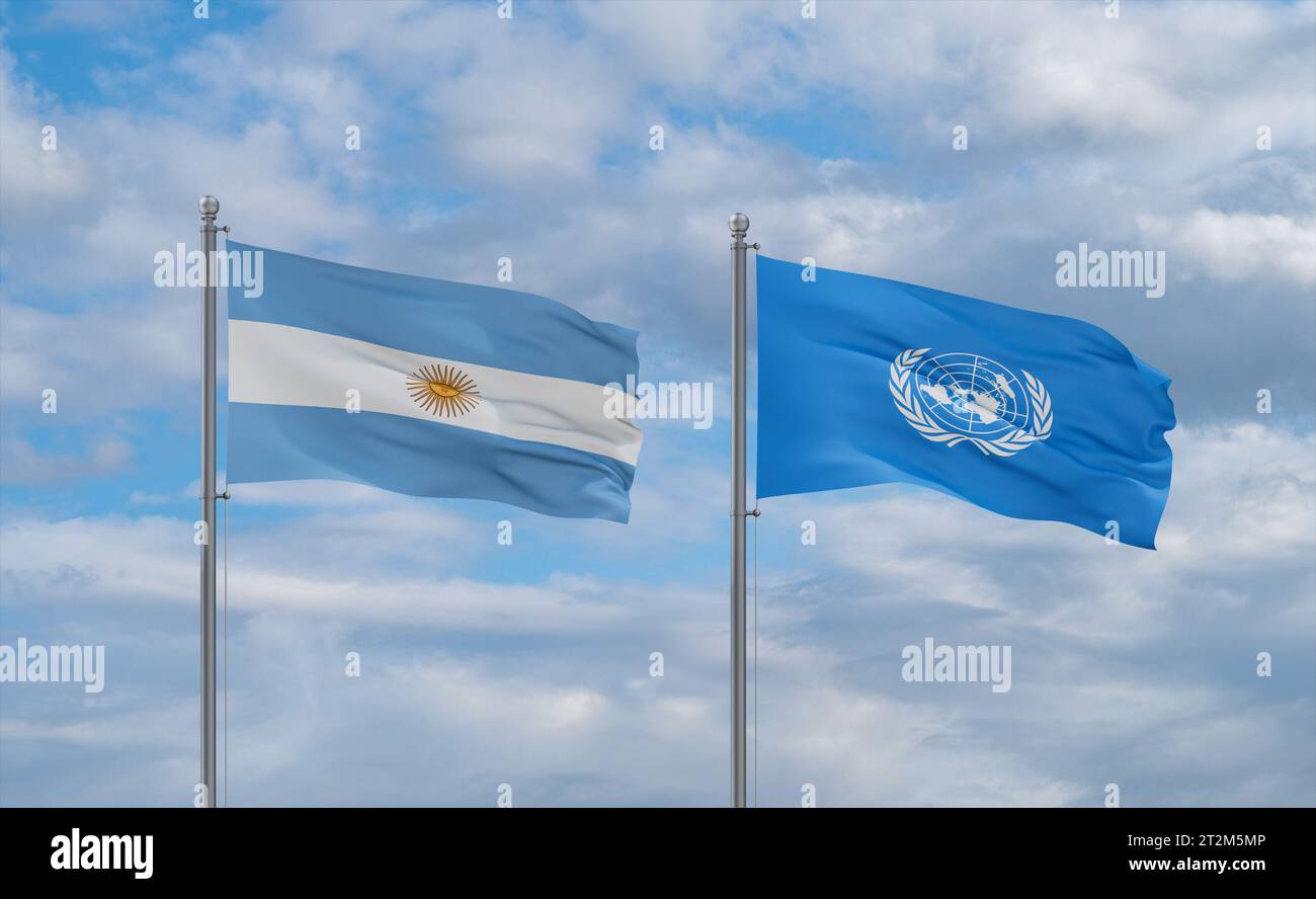 United Nations and Argentina flags waving together in the wind on blue ...