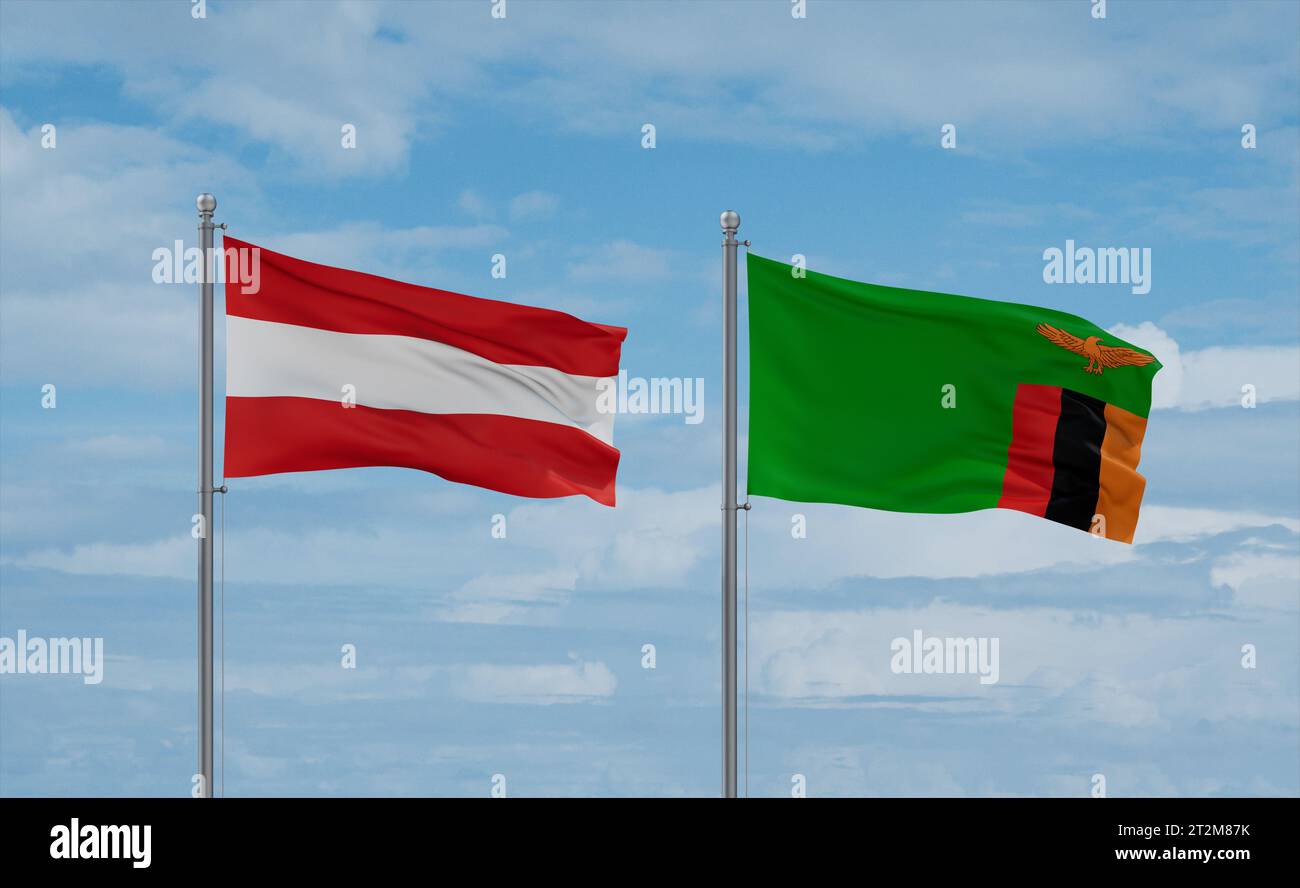 Zambia and Austria flags waving together in the wind on blue cloudy sky ...