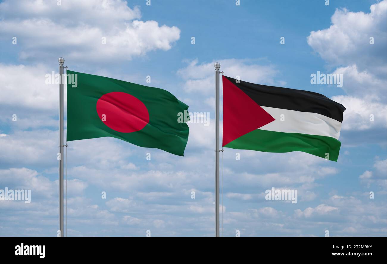 Palestine and Gaza Strip and Bangladesh flags waving together on blue ...