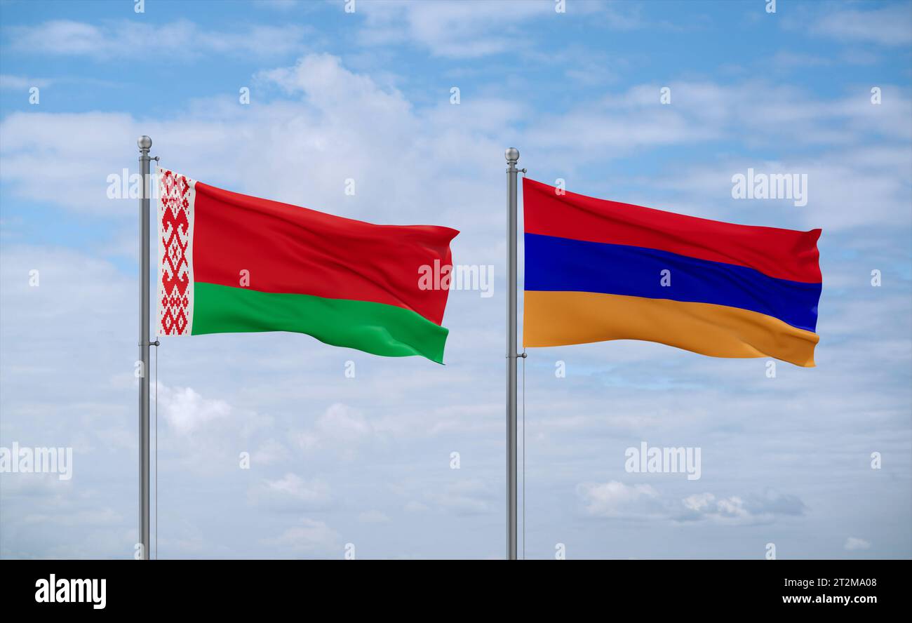Armenia and Belarus flags waving together in the wind on blue cloudy ...