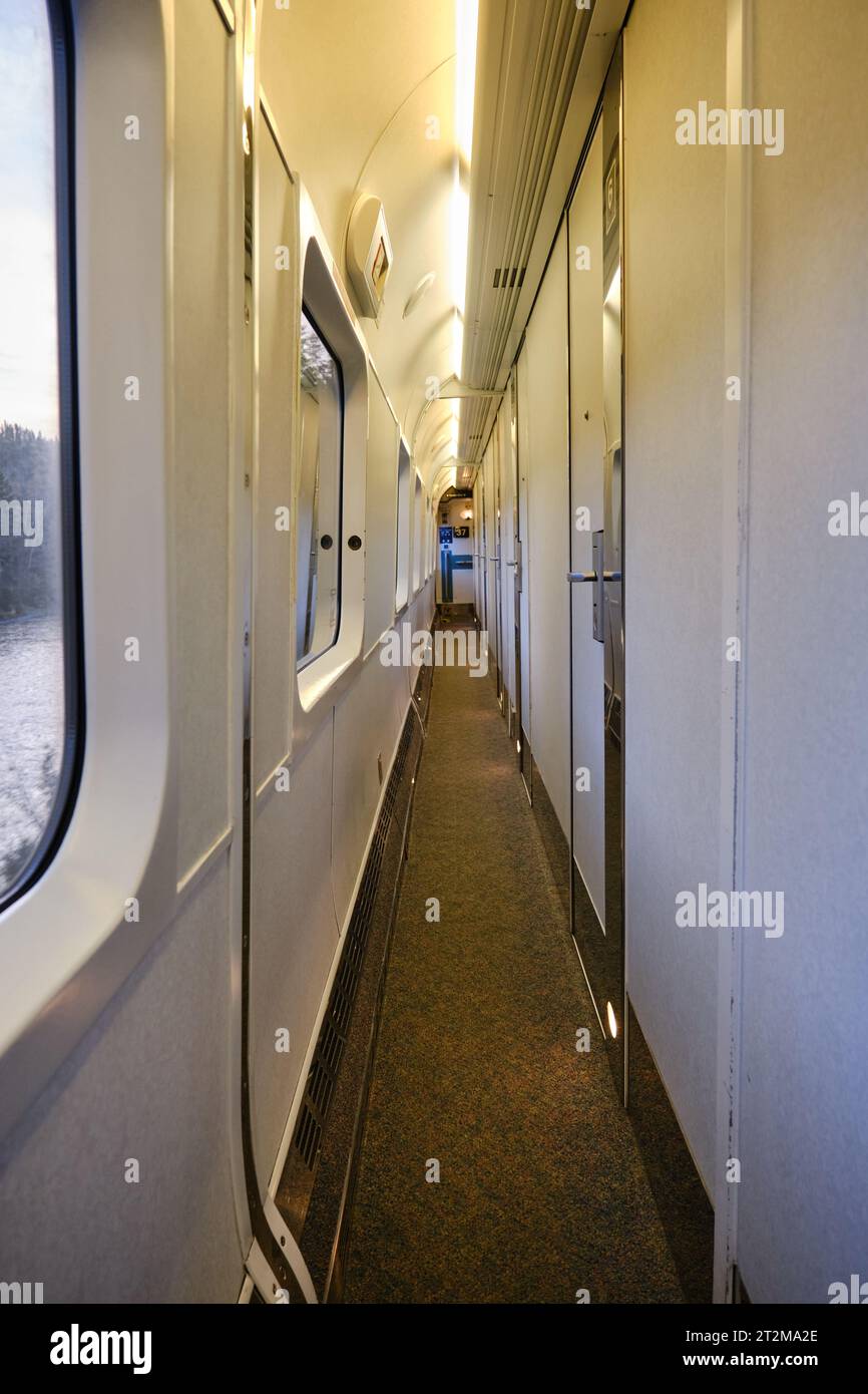 Sleeper train hallway, showing narrow corridor Stock Photo