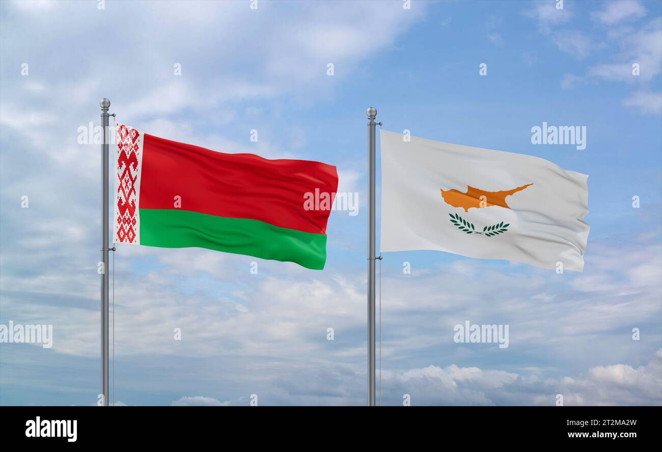 Cyprus and Belarus flags waving together on blue cloudy sky, two ...