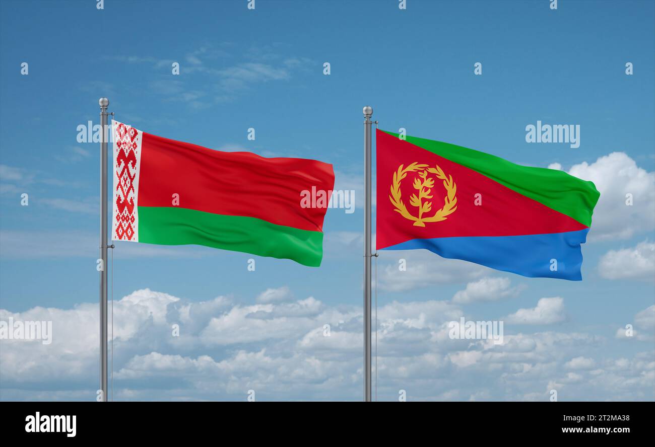 Eritrea and Belarus flags waving together in the wind on blue cloudy ...