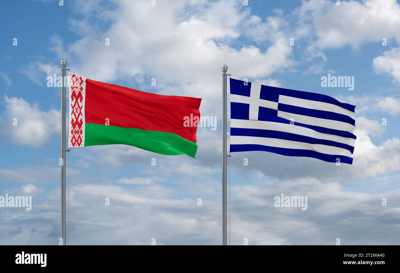 Greece and Belarus flags waving together on blue cloudy sky, two ...