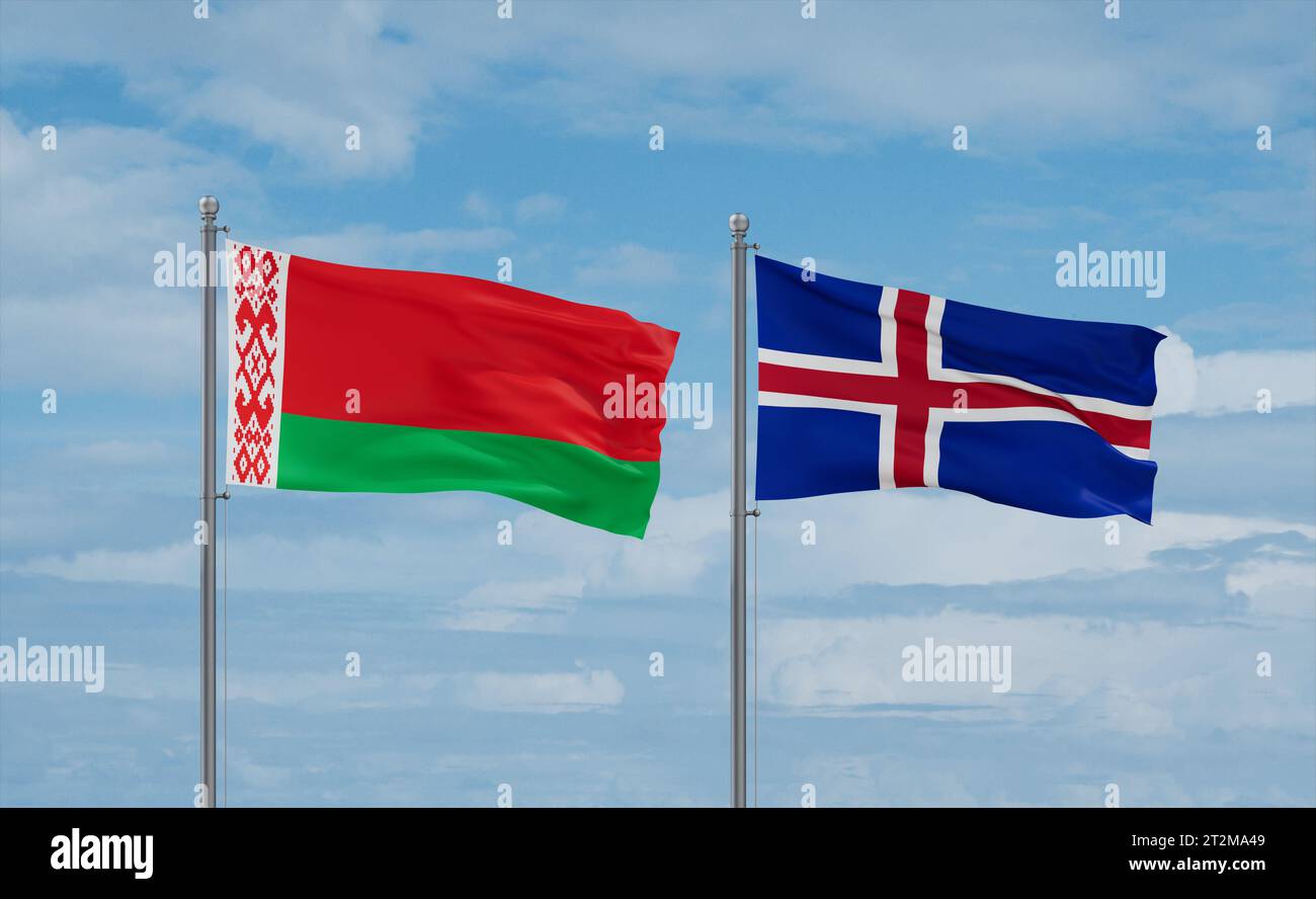 Iceland and Belarus flags waving together in the wind on blue cloudy ...