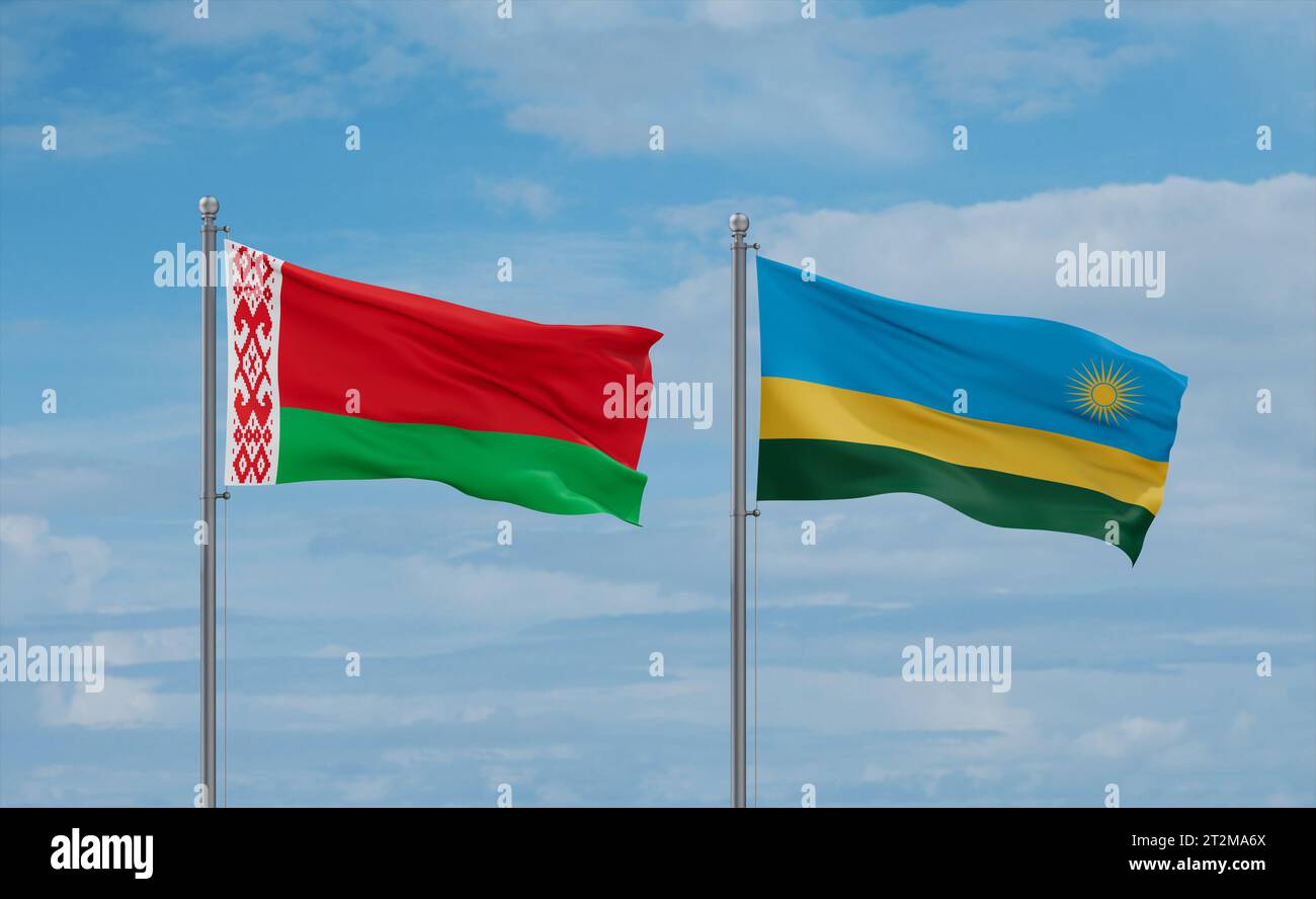 Republic of Rwanda and Belarus flags waving together in the wind on ...