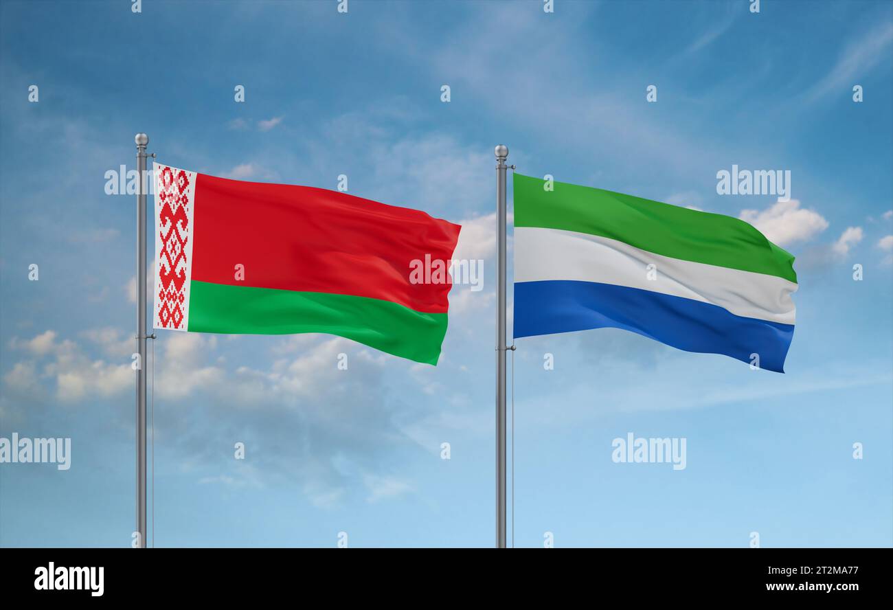 Sierra Leone or Salone and Belarus flags waving together in the wind on ...