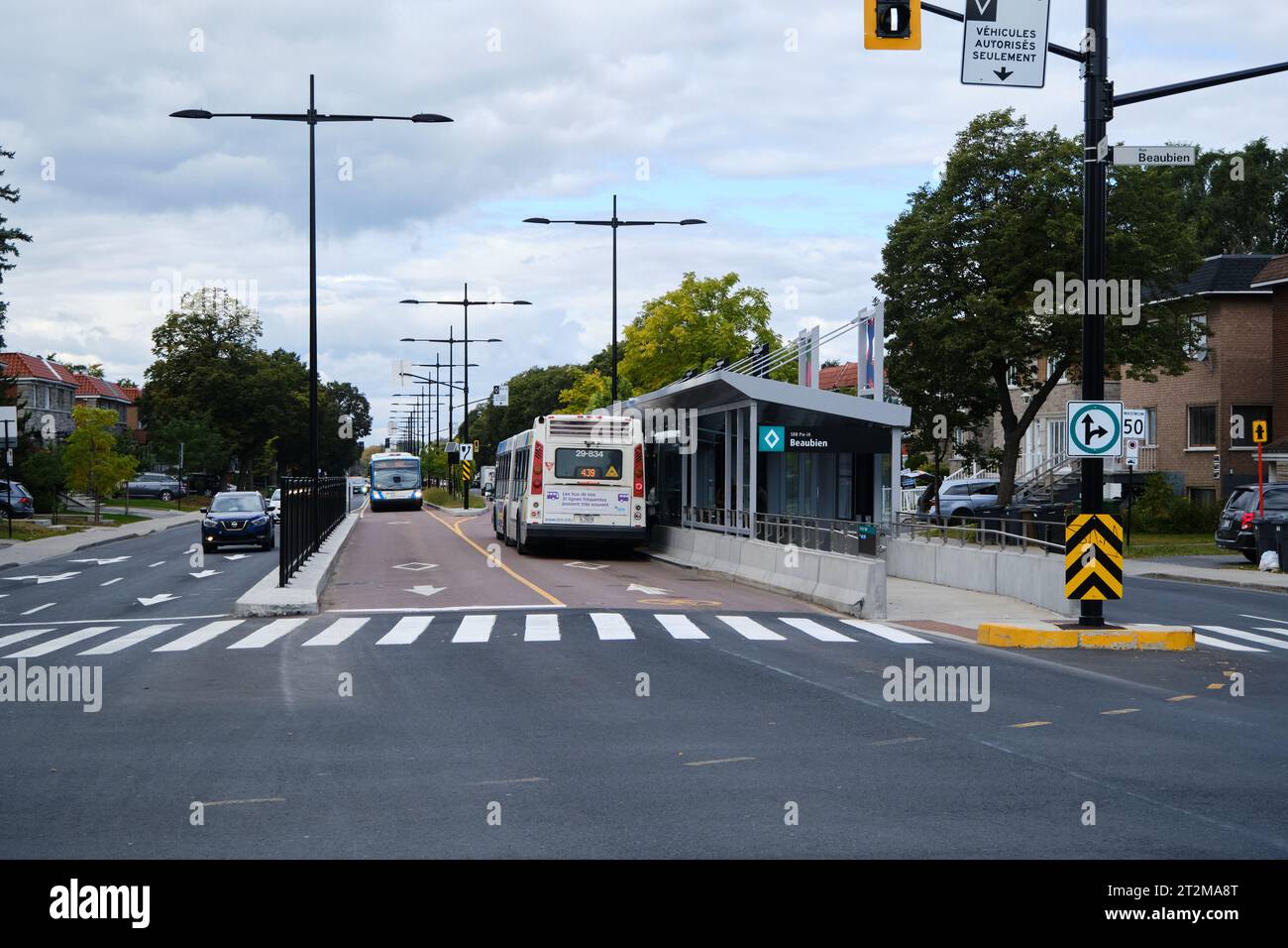 Pie-IX BRT is a bus rapid transit stop at Beaubien, with Bus in dedicated lane, part of Montreal Transit system Stock Photo