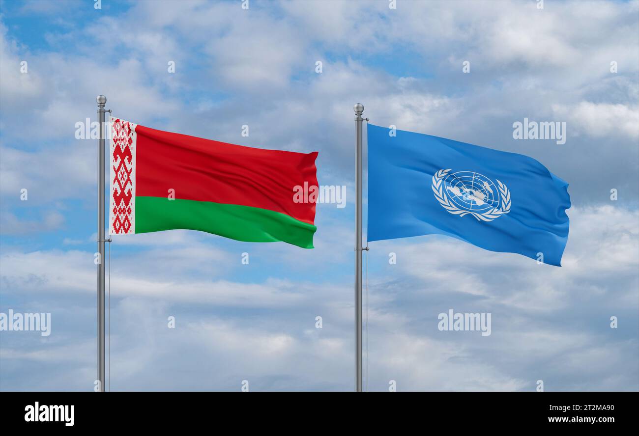 United Nations and Belarus flags waving together in the wind on blue ...