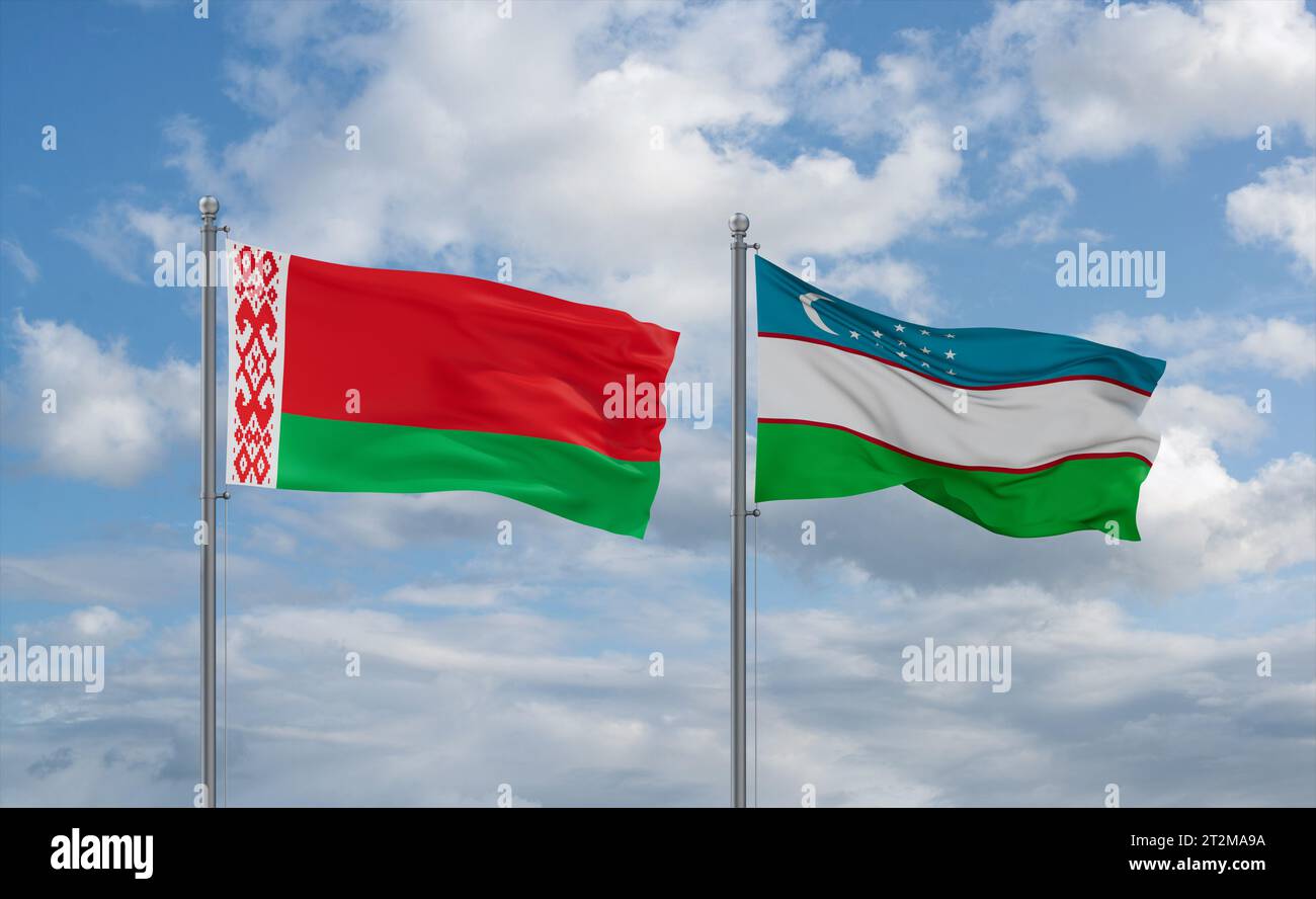 Republic of Uzbekistan and Belarus flags waving together in the wind on ...