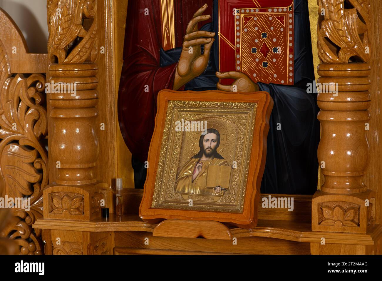 Orthodox icon on a church pulpit. When worshipers enters the church