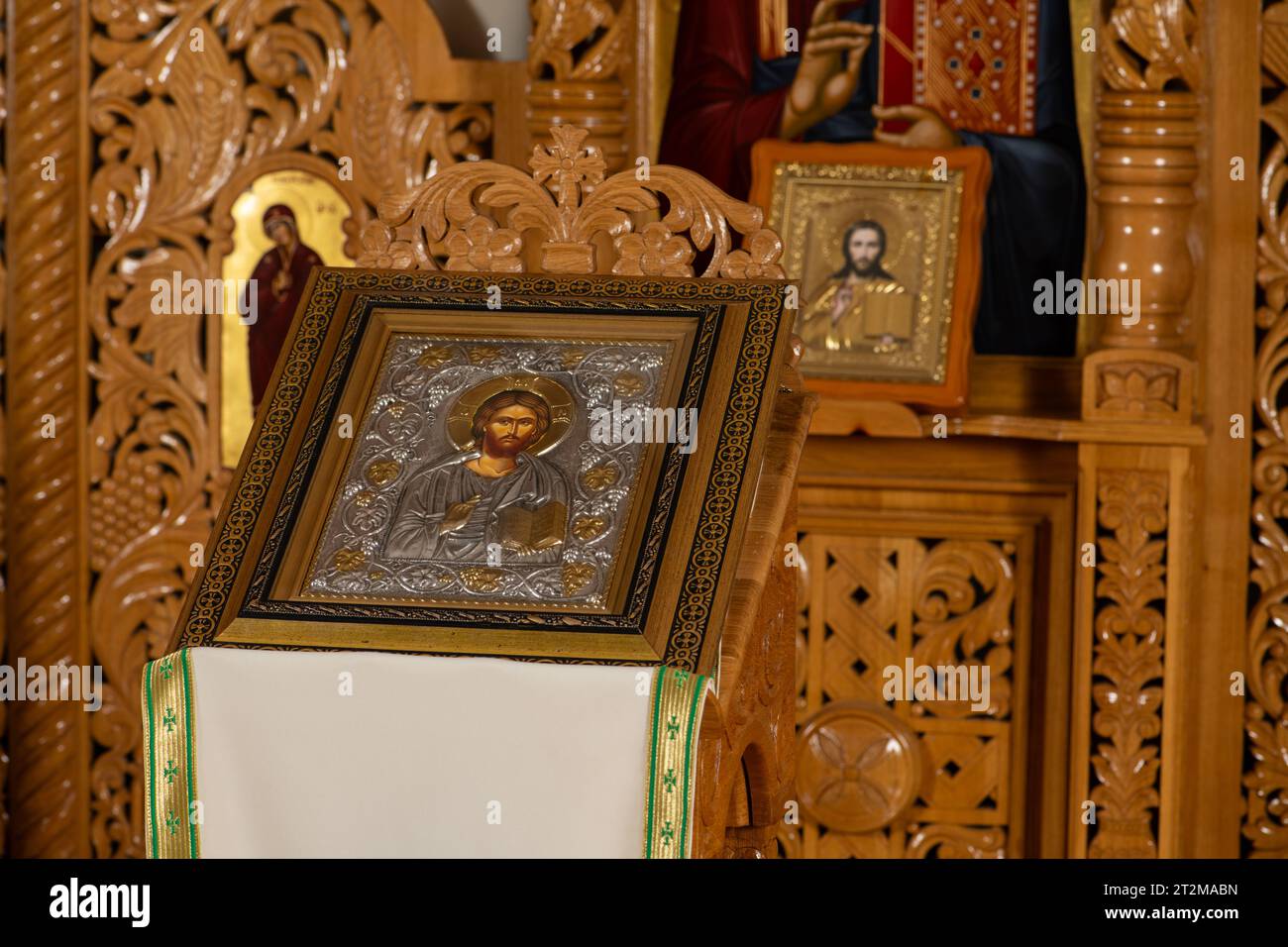 Orthodox icon on a church pulpit. When worshipers enters the church