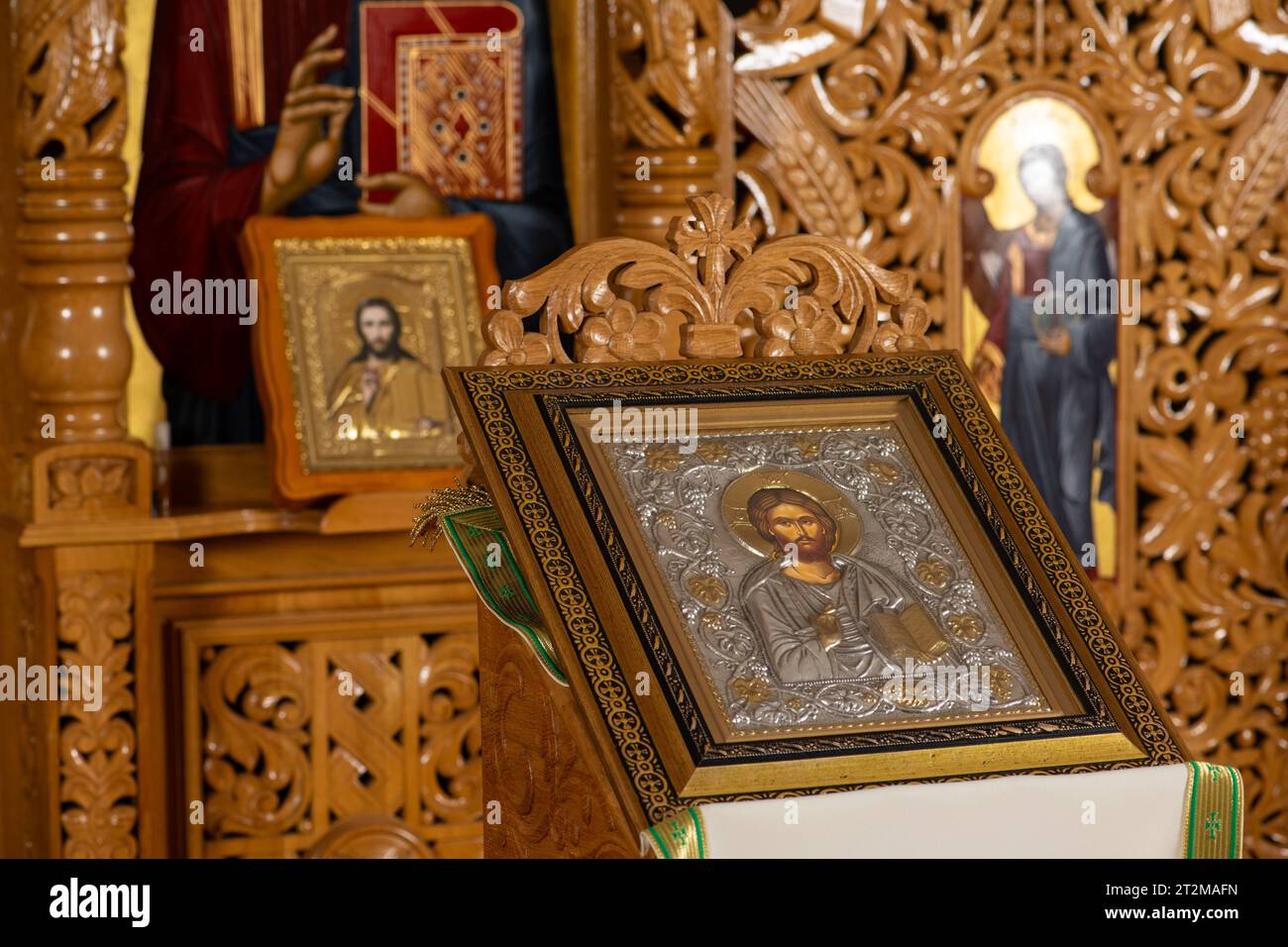 Orthodox icon on a church pulpit. When worshipers enters the church