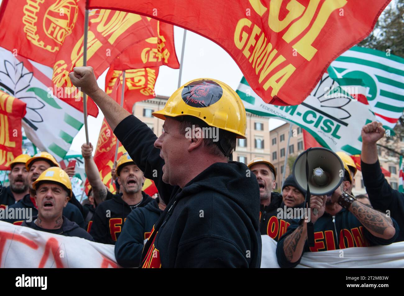 October 20, 2023 - Rome, Italy: Demonstration called by the trade unions of Acciaierie d'Italia FIOM CGIL, FIM CISL, UILM UIL. Stock Photo