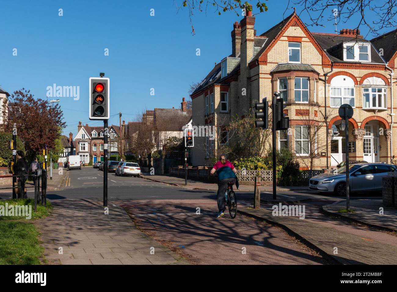 A cyclist stopped at a cycleway junction when the red bicycle specific traffic light shows. Lynewode Road, Cambridge, UK Stock Photo