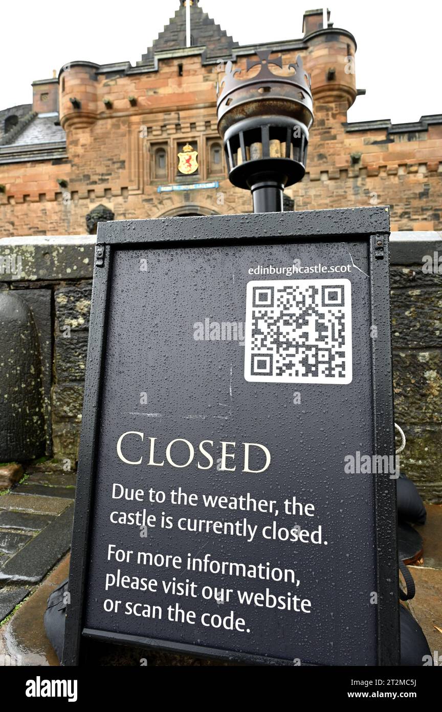 Edinburgh, Scotland, UK. 20th Oct 2023. Edinburgh Castle closed to visitors for safety reasons, due to inclement weather conditions caused by Storm Babet. Credit: Craig Brown/Alamy Live News Stock Photo