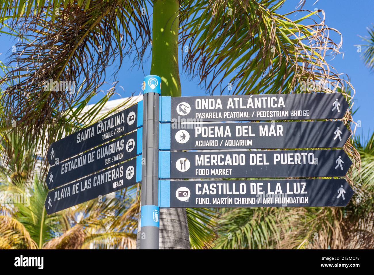 Sign to facilities and attractions on waterfront, Las Palmas de Gran Canaria, Gran Canaria, Canary Islands, Spain Stock Photo
