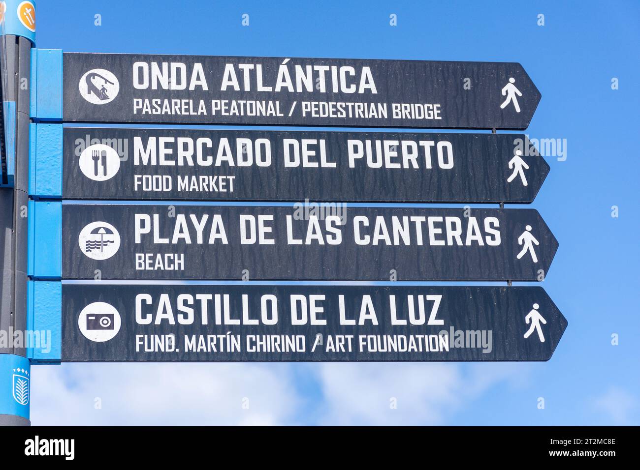 Sign to attractions on waterfront, Avenue de Los Consignatarios, Las Palmas de Gran Canaria, Gran Canaria, Canary Islands, Spain Stock Photo