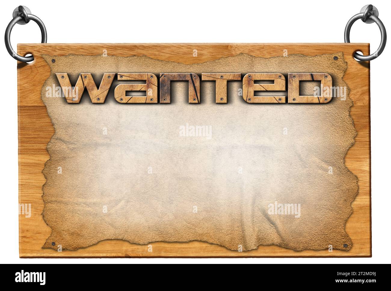 Wild West, wooden Wanted sign with empty parchment (old paper sheet) and and steel rings for hanging. Isolated on white background and copy space. Stock Photo
