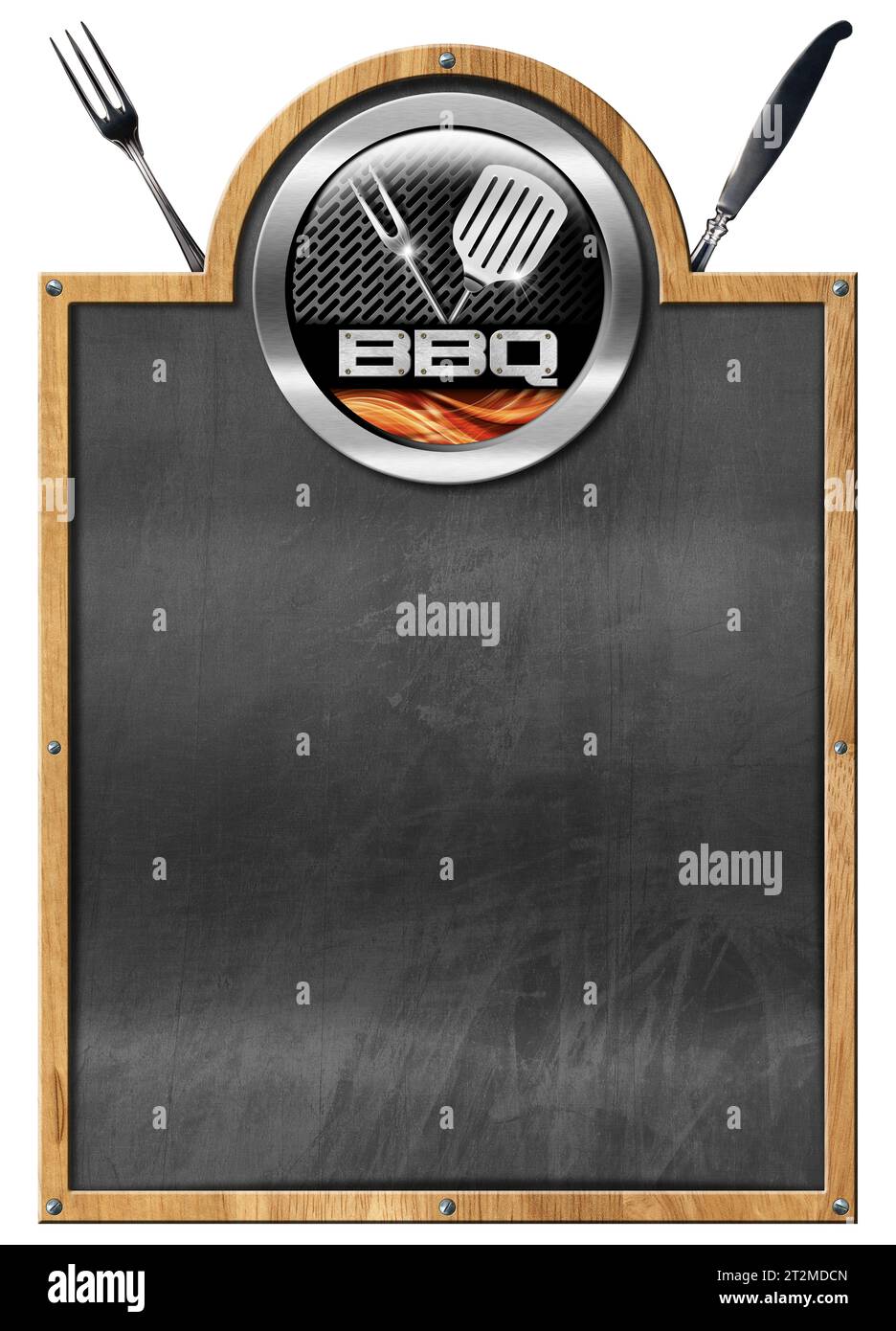 Template for a Barbecue Menu. Empty blackboard with wooden frame and metal Barbecue symbol with