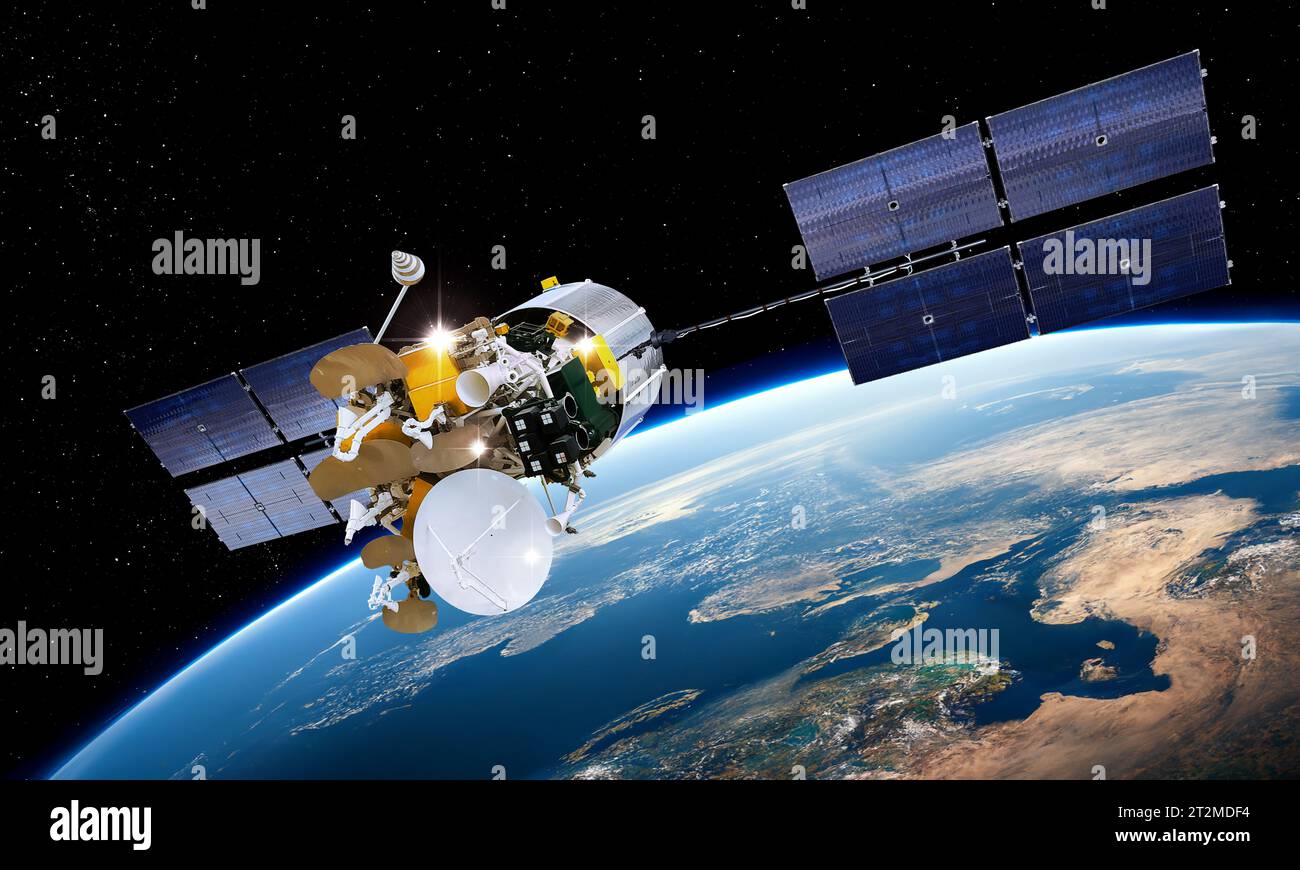 Express-A  telecommunication satellite at Earth orbit. 3d rendering background Stock Photo