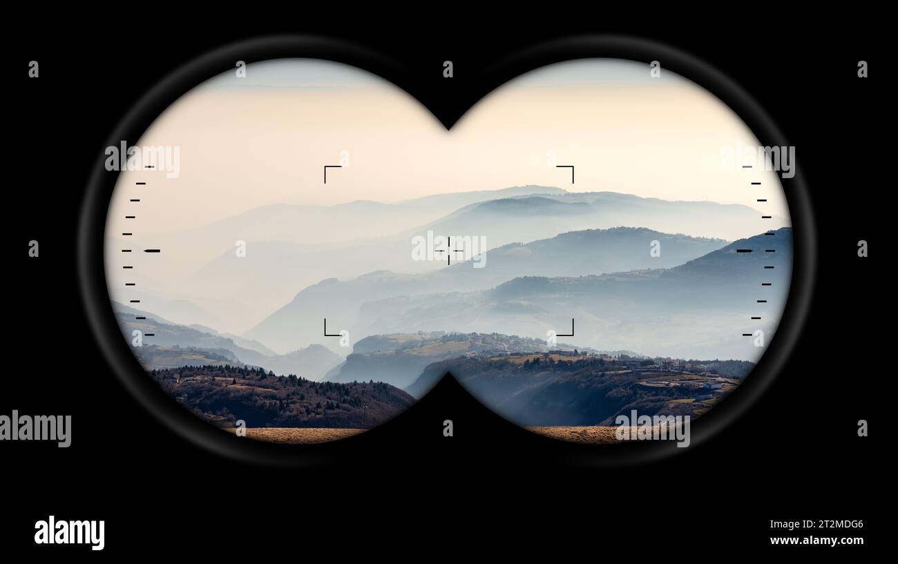Binoculars point of view with hills and Padana Plain or Po valley with fog. Lessinia plateau (Altopiano della Lessinia), Erbezzo, Verona, Veneto, Ital Stock Photo