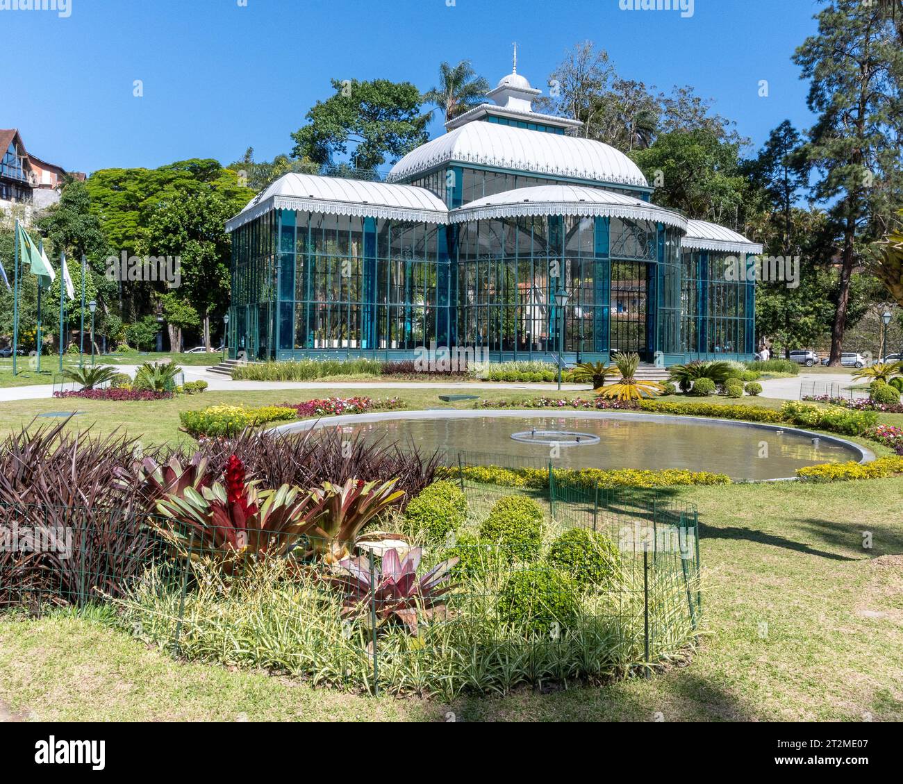 Petropolis, RJ, Brazil.  September 16, 2023. The Crystal palace, viwed from the front, on a blue sky day, a tourist attraction that includes a large g Stock Photo