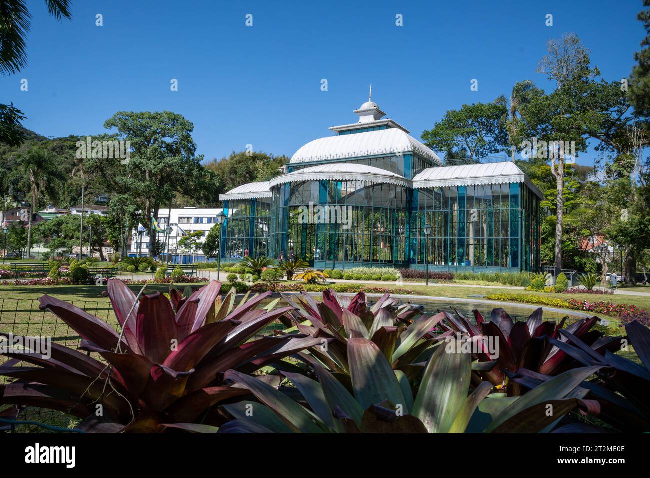 Petropolis, RJ, Brazil.  September 16, 2023. The Crystal palace and garden,  viwed from the front side, on a blue sky day, a tourist attraction of the Stock Photo