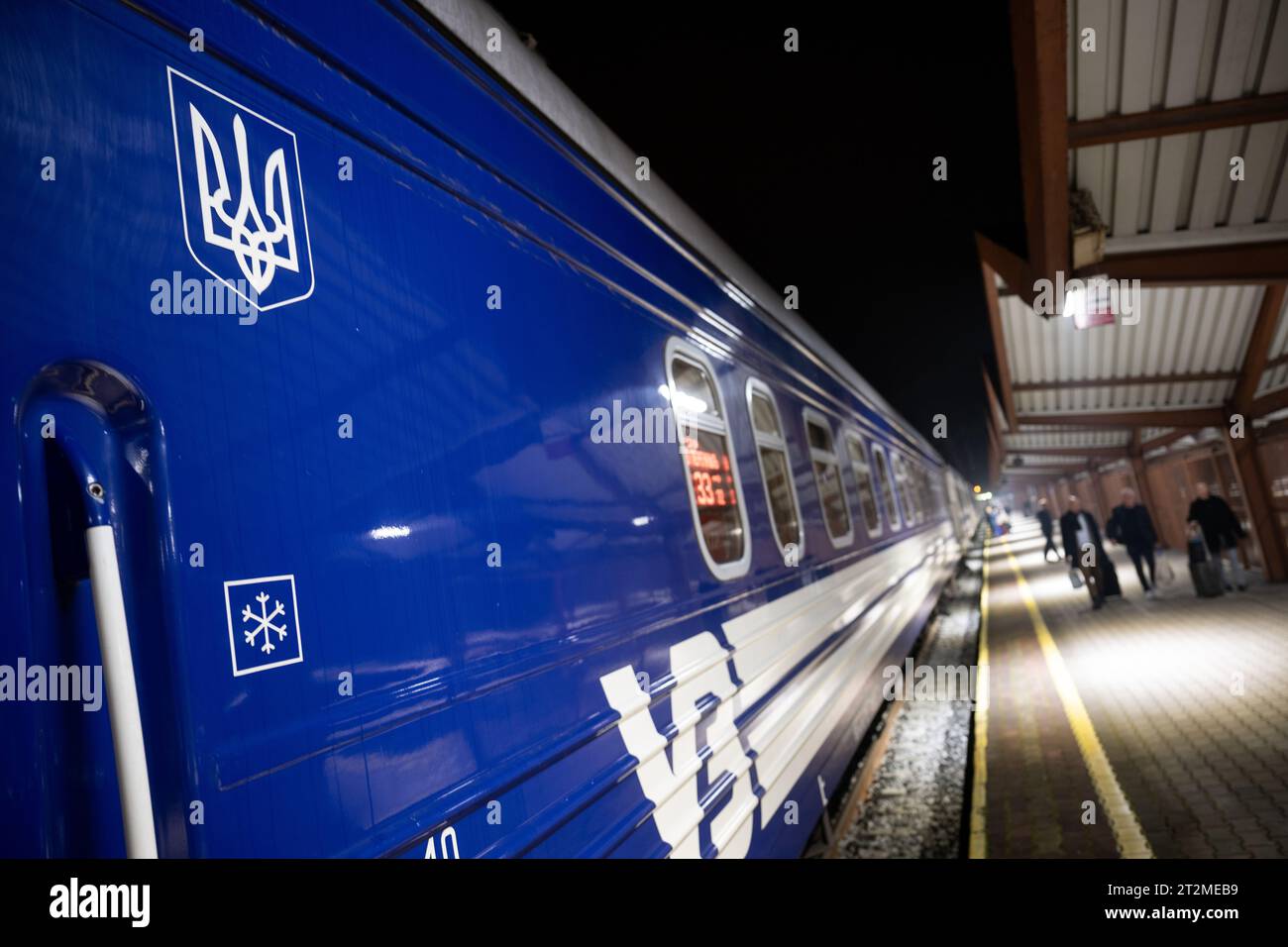 Przemysl, Poland. 19th Oct, 2023. A direct train to Kiev of Ukrsalisnytsya, the Ukrainian railroad company, stands in the area of the station for the track to Ukraine. Credit: Sebastian Gollnow/dpa/Alamy Live News Stock Photo