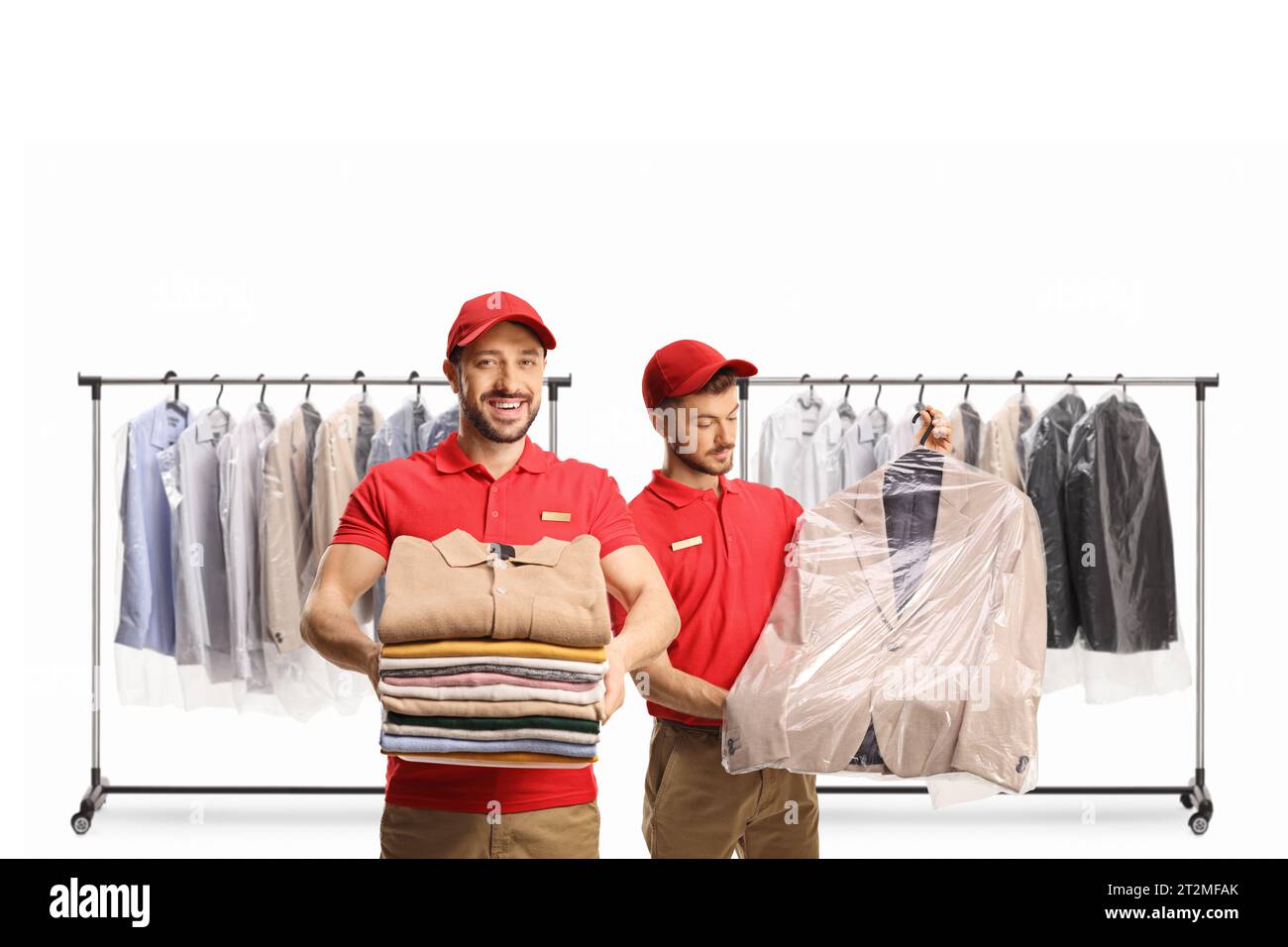 https://c8.alamy.com/comp/2T2MFAK/dry-cleaning-workers-with-a-pile-of-folded-clothes-and-a-suit-on-a-hanger-isolated-on-a-white-background-2T2MFAK.jpg