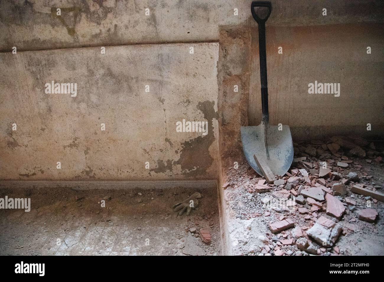 Shovel leaning against a wall under construction. Conceptual image, demolition vs construction, works, renovation. Copy space Stock Photo